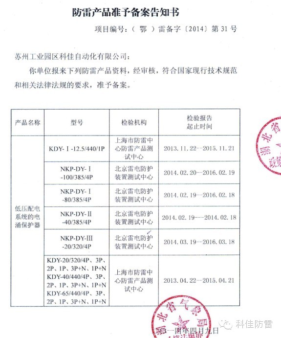 【科佳防雷】防雷产品全国各省的备案证书(图11)